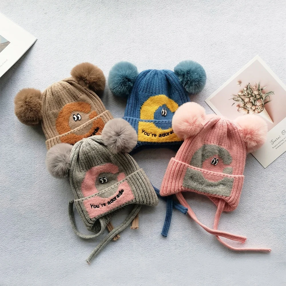 Мягкие теплые вязаные детские шапки, детская шапочка с двойным помпоном, милая Уютная зимняя шапка с завязками для малышей