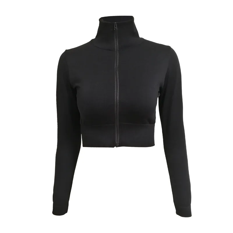 
Black Yoga Suit Quick Drying Women Sexy Fitness Wear Running Sports Coat Yoga Crop Top Autumn Winter 