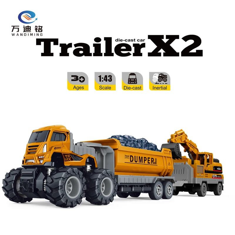 WDM 1:43 4WD inertial Alloy Toy Friction Die-Cast Engineering Trailer model Truck Diecast Toys with Excavator car