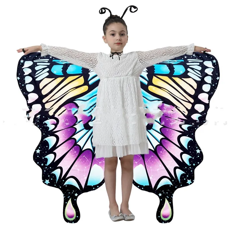 2 Sides Print Butterfly Wings for Girls Halloween Costume Kids Fairy Shawl Cloak Rainbow ToddlerDress-up Boys Party Favors Gifts