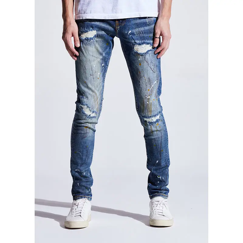 Custom good american ripped stacked jeans Zipper slim fit jeans big men quality slim jeans for men