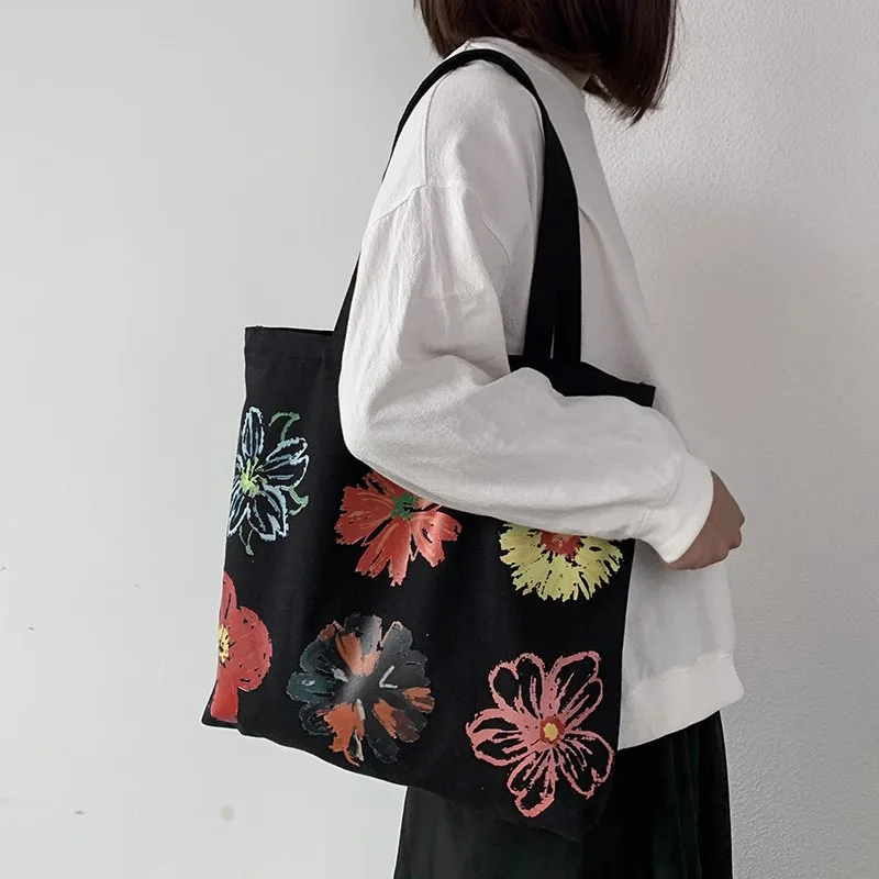 High quality Customise print flower shopping bag school designer floral pattern fabric cotton canvas custom tote bag for women