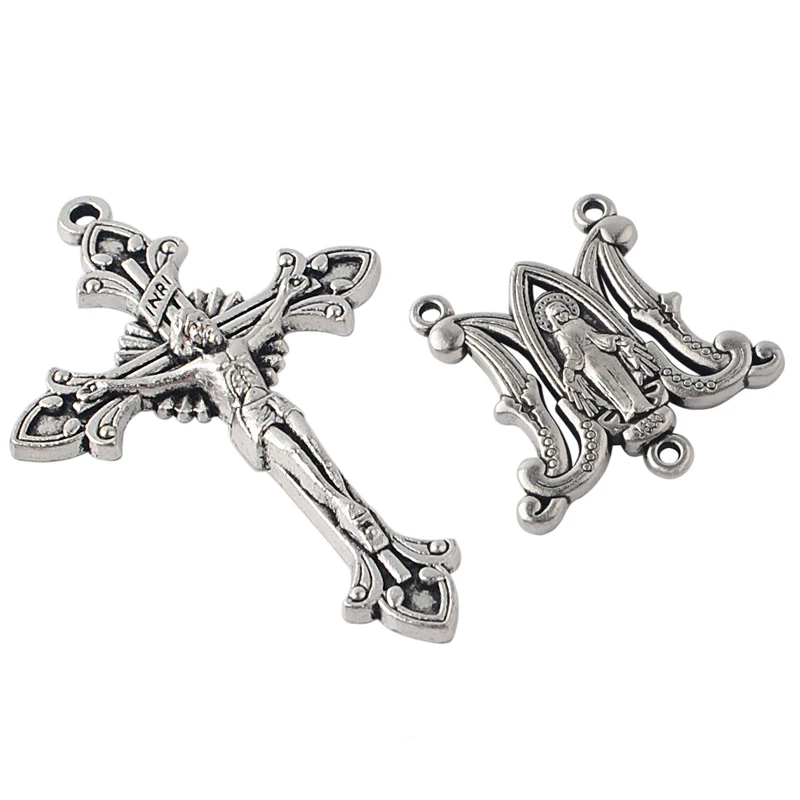 Antique silver 26*26mm Virgin Mary centerpiece and 33*53mm crucifix pendant medal set for catholic religious beads rosary making