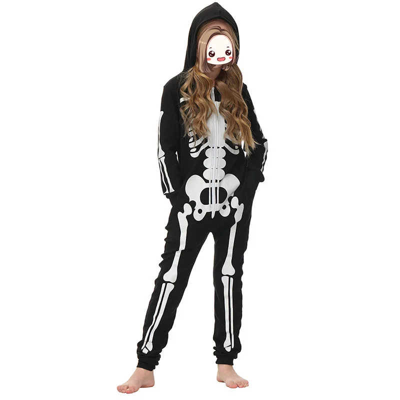 New Arrival Halloween Party Mommy And Me Jumpsuit Fall Outfits Hoodie Onesie Sleepwear Skeleton Reflective Mommy And Me Pajamas