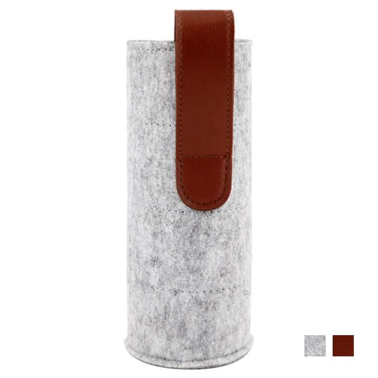 Portable felt water bottle bag High quality felt China factory bottle sleeve carrier with leather water bottle cover