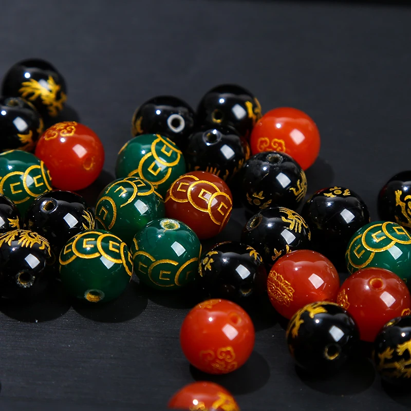JD GEMS 8mm 10mm 12mm Round Barrel Shape Natural Stone Black Red White Green Agate With Tibetan Six Words of Mantra Loose Beads