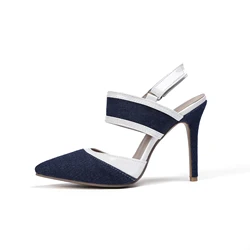 Party Sexy Patchwork High Heels Ladies Sandals Stiletto Thin Heel Pointed Toe Denim Black Blue Shoes