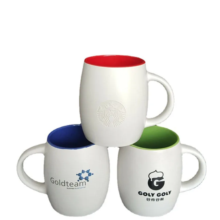 High Quality Hot Sell Customized Embossed Logo White Outside Color Inside Egg Ball Shape Model Ceramic Stoneware Mug