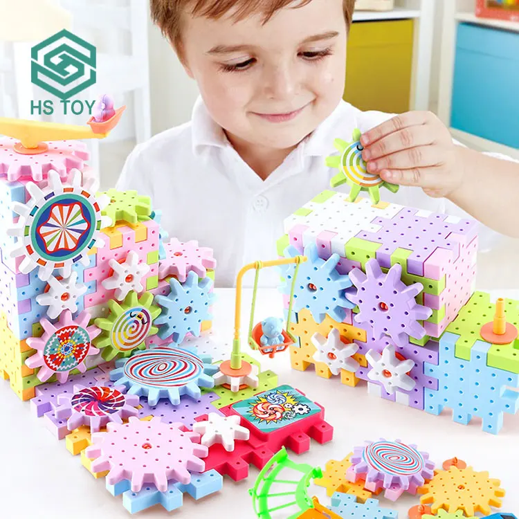 HS Variable Jigsaw Puzzle Educational Set Electric Plastic Gear Rotation Mechanical Building Block Toy With 83 PCS