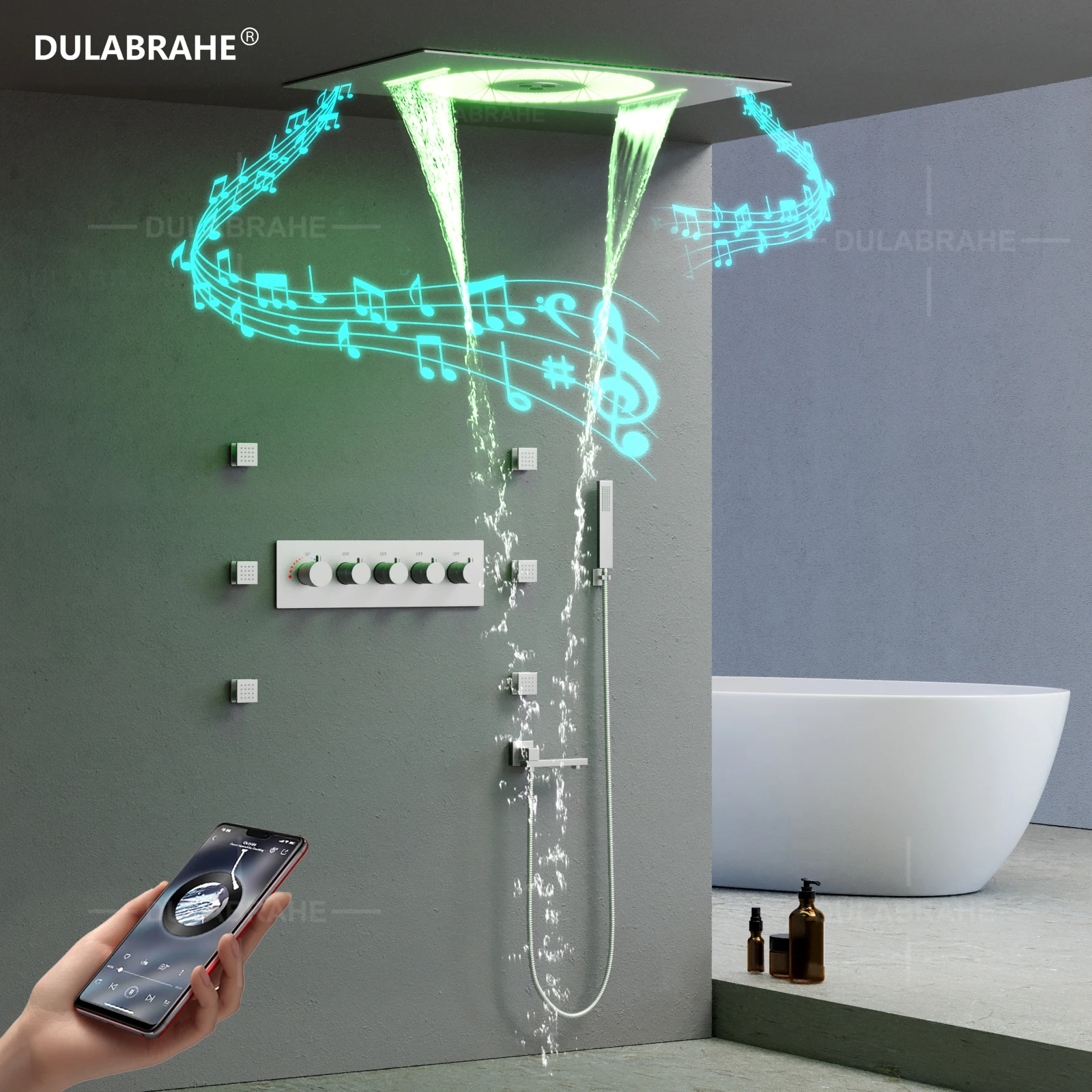 DULABRAHE 2024 новый роскошный музыкальный большой термостатический светодиодный Водопад Душевая система потолочный 600*400 мм Набор смесителей для душа