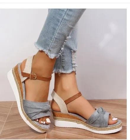 Plus Size Wholesale Casual Summer Thick Soles Flat Espadrilles Straw buckle hemp rope flower wedge Sandals Womens