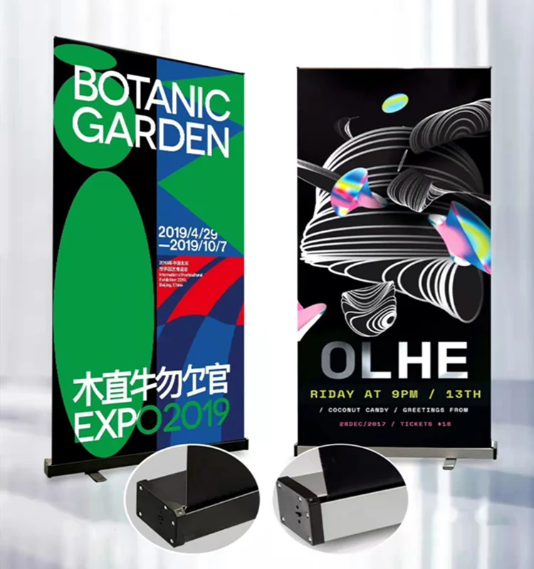 Hot selling poster banner roller shutter display rack silver luxury telescopic roller shutter display rack logo display rack