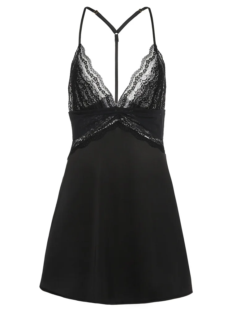 Women silk sexy pajamas elegant Spaghetti Strap Chemise Slip Contrast Lace Satin Slips Ladies Pajamas Sleepwear