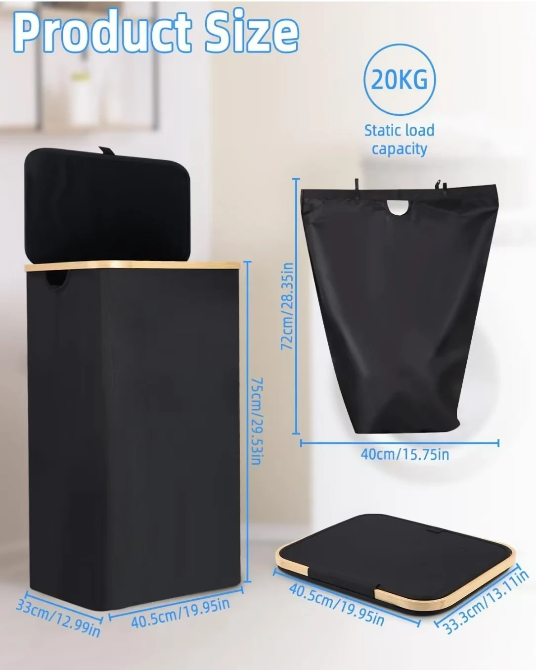 Large 100-Liter Foldable Laundry Basket with Bamboo Handle and Detachable Bag for Bedroom Storage and Washing