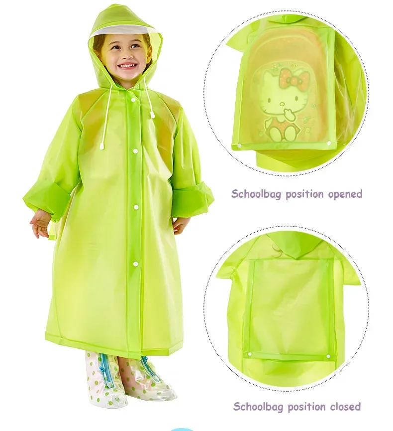Factory Price Custom LOGO EVA Raincoat Reusable School Kids Rain Poncho Waterproof Hooded Long Raincoat with Bag Position