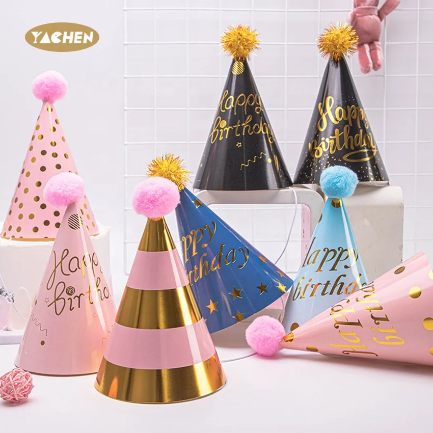 YACHEN customized gold hot stamp paper happy birthday cake cap kids hats crown for party decoration supplies