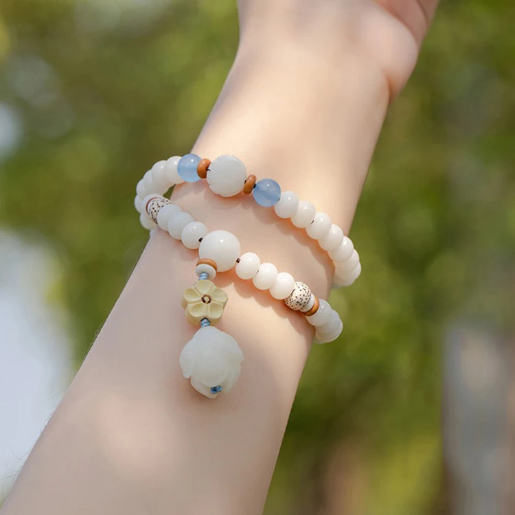 White Jade Bodhi Root Beads Bodhi Root Ancient Style Elegant Lotus Necklace Bracelet