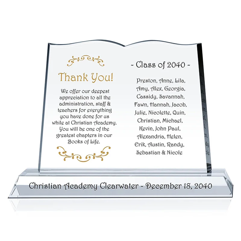 Hot sale customized K9 crystal book shape trophy lettering honor appointment book medal