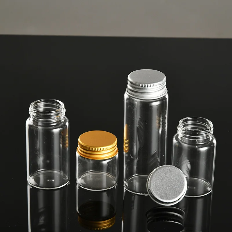 37mm diameter transparent blow tube glass jar with golden aluminum lid dry goods storage bottle