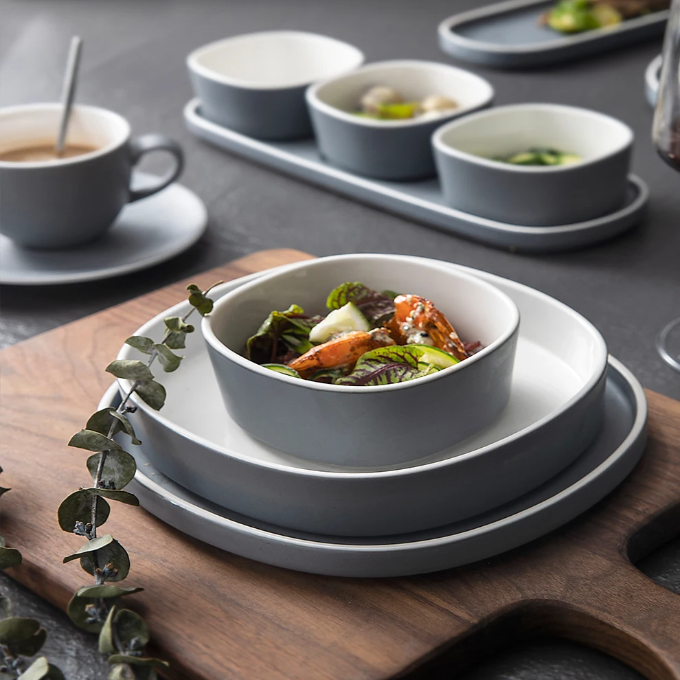Stoneware Dishes Plate Bowl Crockery Dinnerware Vajjila Geschirr Tableware Teller Set  Grey Nordic  Irregular Ceramic Dinner Set