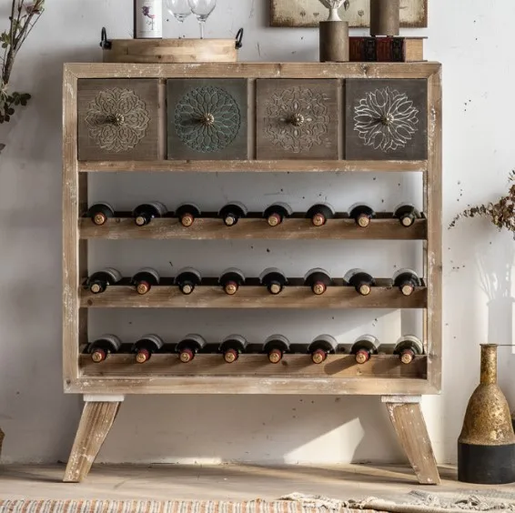 Vintage red wine rack Solid wood porch Floor to floor wine display rack Industrial style bar storage rack