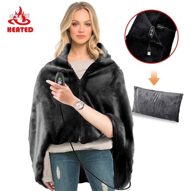 USB Heated Shawl Heated Blanket Plush Throw Blanket with Pillowcase Heated Throw Electrical Lap Blanket as a Pillow