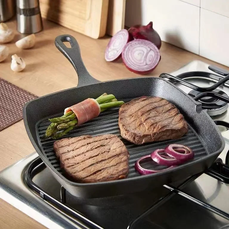 Cast Iron 24cm Grill Pan Fast Heat Conduction On Stripe Frying Steak Skillet For Home Kitchen