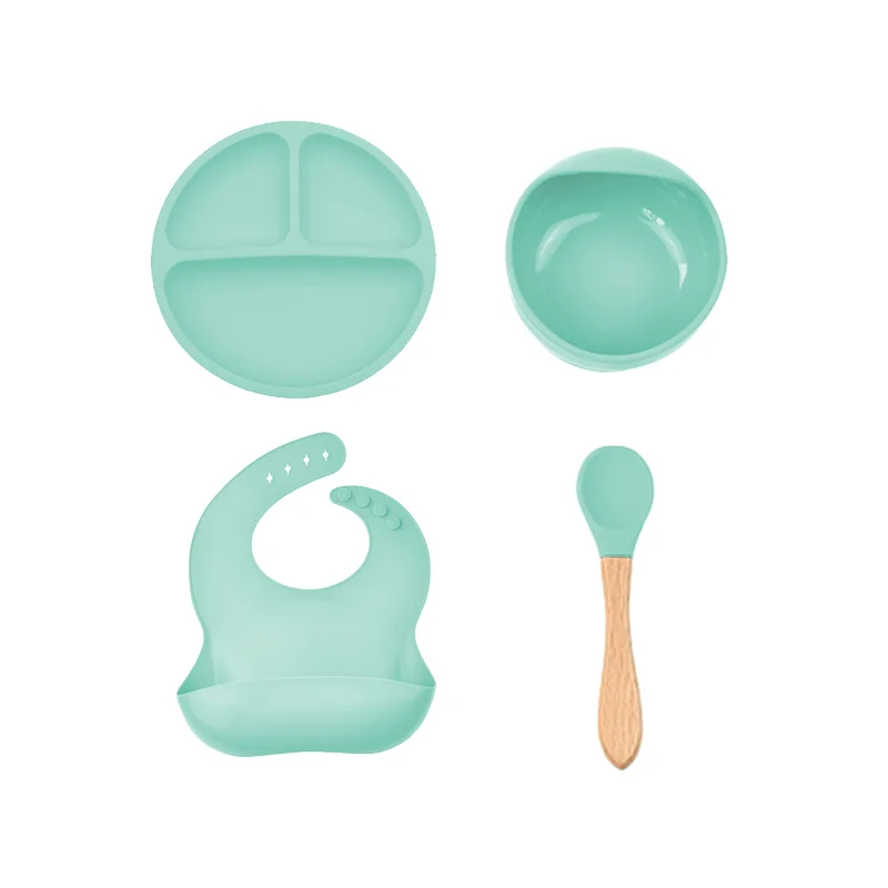 
Hot Selling personalized Baby Silicon Suction Bowl Waterproof organic Silicone Bibs feeding set 