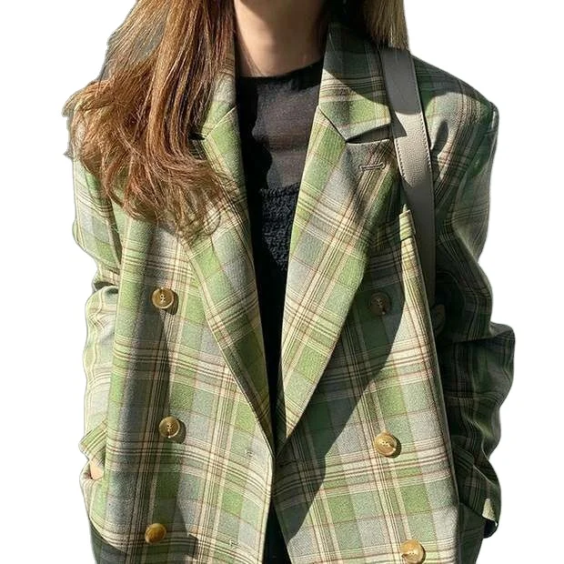 2024 Spring and autumn new casual loose double-breasted ladies plaid small suit jacket