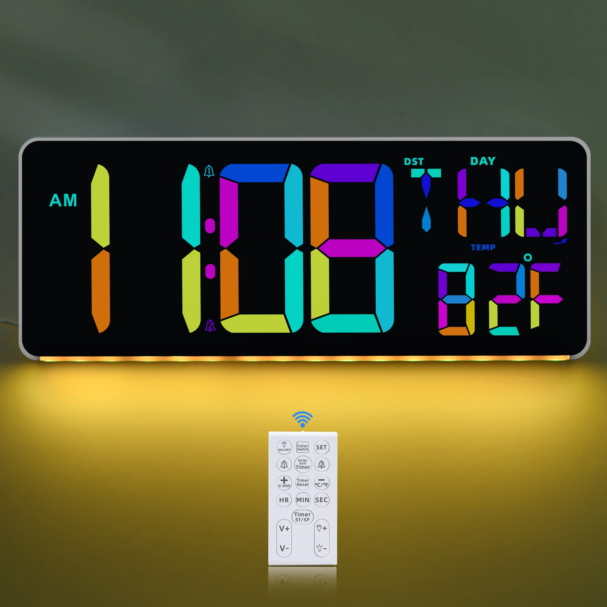 13.7-inch Large Electronic Alarm Clock with 9 Colors Base Light Digital Wall Clock with 2 Alarms Color Change Digital Clock