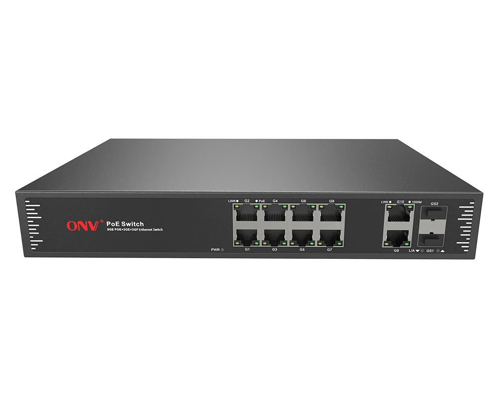 12-port Full Gigabit PoE  Switch ,Optical-electric hybrid uplink port,10*10/100/1000M RJ45 ports and 2*1000M SFP fiber ports.