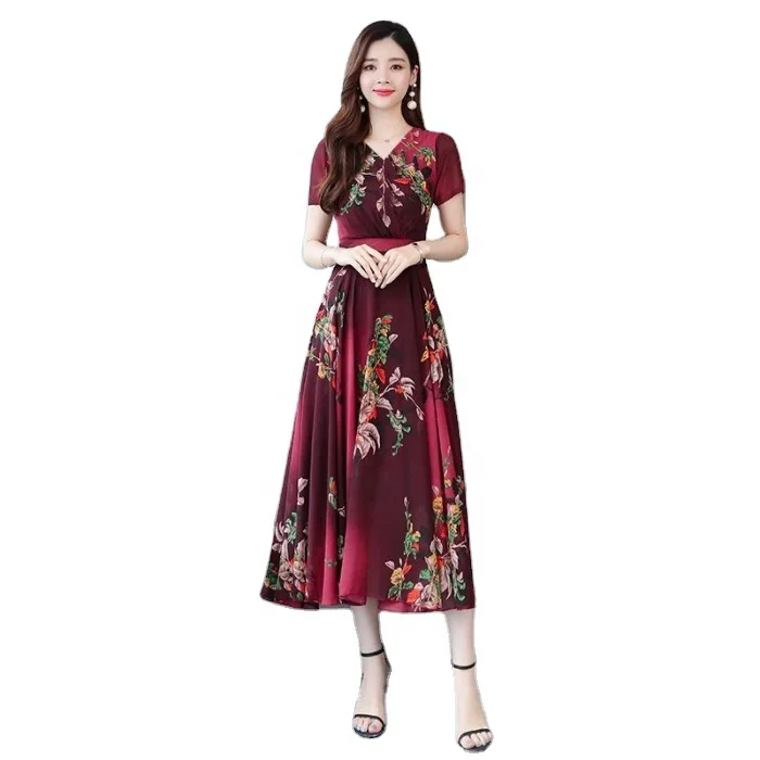 Трансграничной прохладная ткань с принтом большой свободное платье 2021 Новая модная весенняя и Летняя женская обувь в Корейском стиле ботфорты с v-образным вырезом и юбка