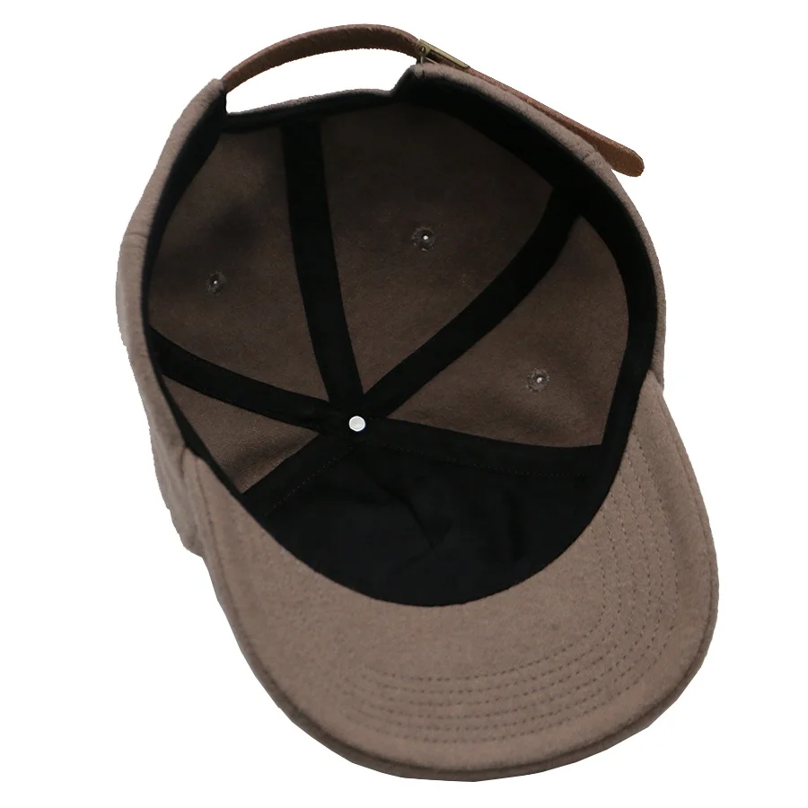 custom design lower crown 5 panel flat embroidery dad caps wool blend leather strap metal buckle wool hats unstructured dad hats