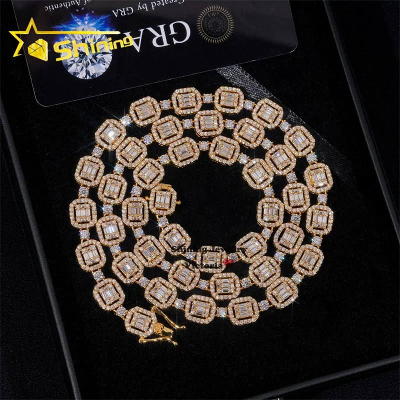 8MM Halo Diamond Style Iced Out Baguette Moissanite Diamond Iced OutTennis Link Chain Necklace