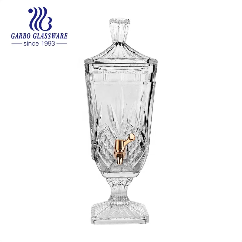 Hot sale square large glass juice dispenser jar with spigot wholesale 2L engraving cold liquor glass beverage dispenser with tap