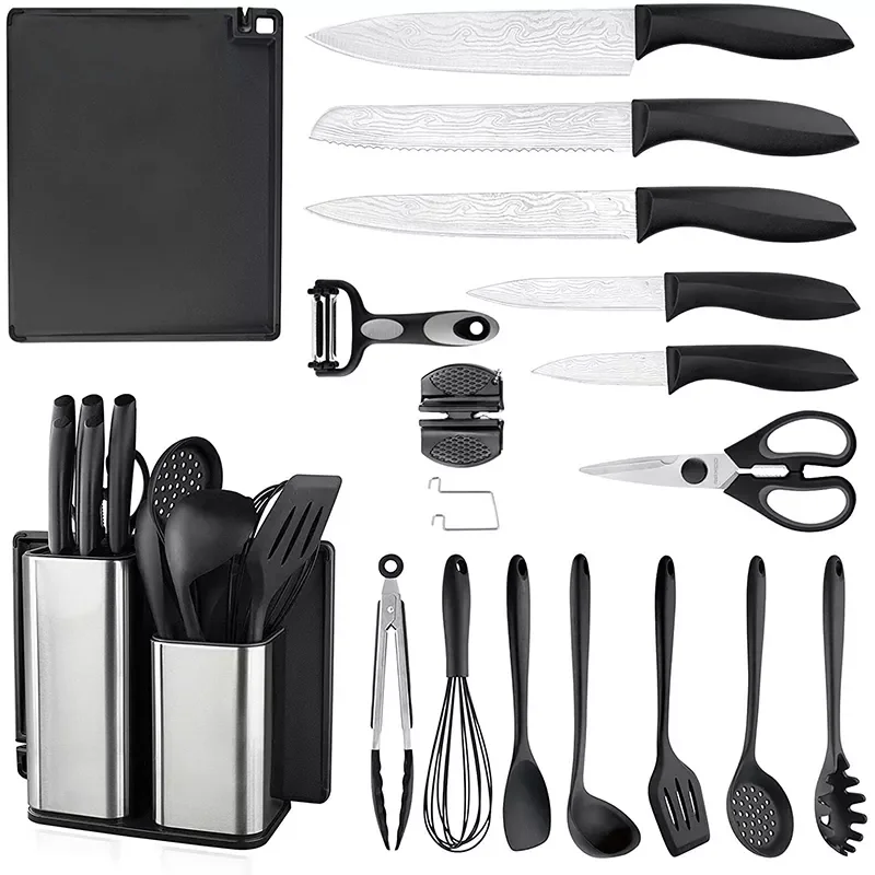 Hot Sell Kitchen Knife Set Silicone Cooking Utensils Set Chef Knives with Scissors Vegetable Peeler Knife Sharpeners