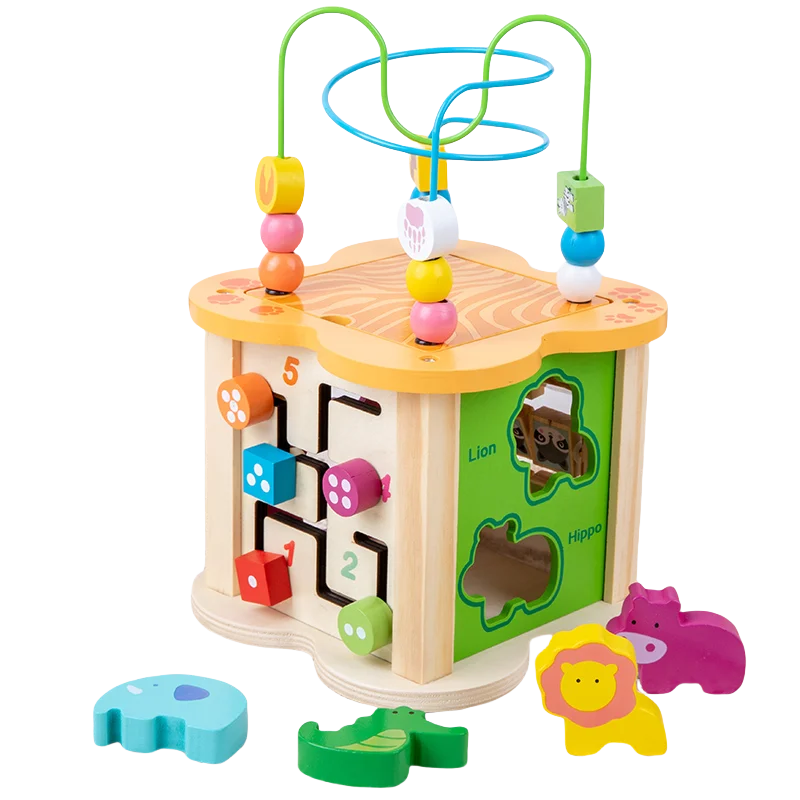 Montessori Motor Skills Wooden Activity Cube 12-18 Months Bead Maze Shape Sorter Toy for Toddlers