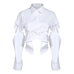 2020 spring new arrivals fashionable design women sewn pearl sleeve shirt pleated long sleeves cotton ladies top blouse
