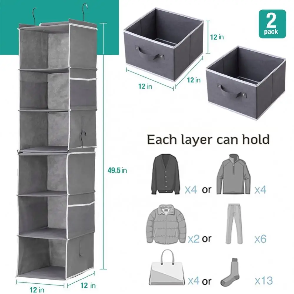 Custom clothes detachable hanging organizer with beside bag 2 separable hanging shelves for wardrobe