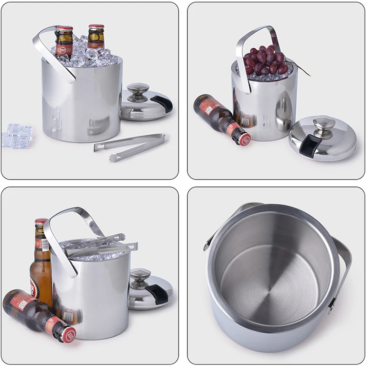1.3L Insulated Stainless Steel Champagne Cooler Ice Bucket Set with Lid Scoop Tongs Strainer