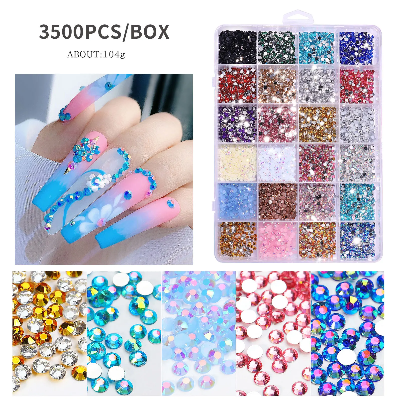 SITELENABY  24 Grid  3500pcs Newest Crystal Resin Luxury Chrome Design Flat back Crystals Nail Art Decorations  Nail Rhinestones