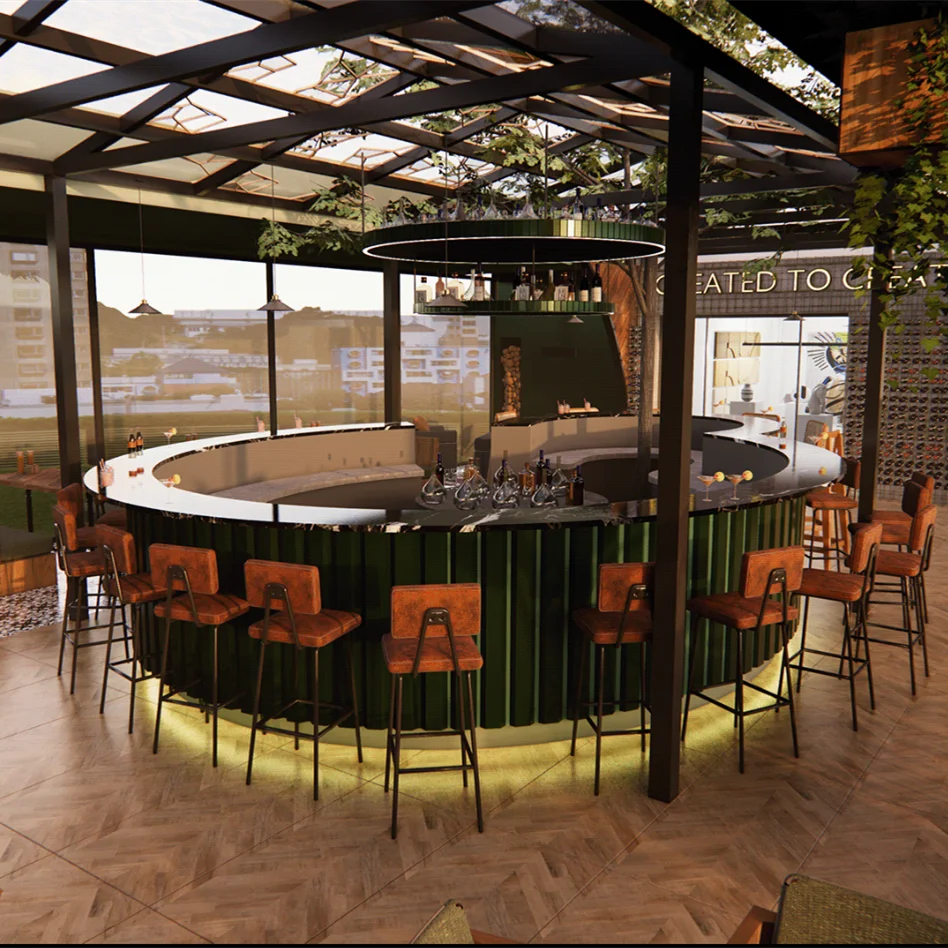Modern PUB interior decoration display custom forest style bar table round marble wooden restaurant bar counter
