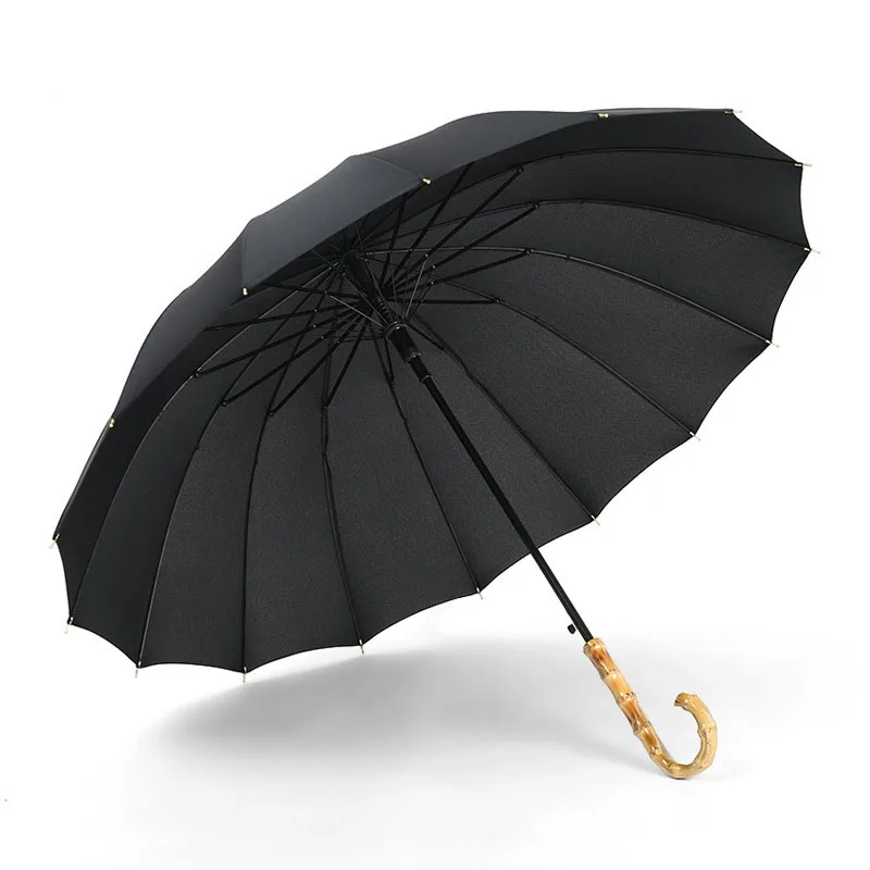 Creative literary style wooden handle straight umbrella with logo 16K for the rain wholesale price cheap high quality