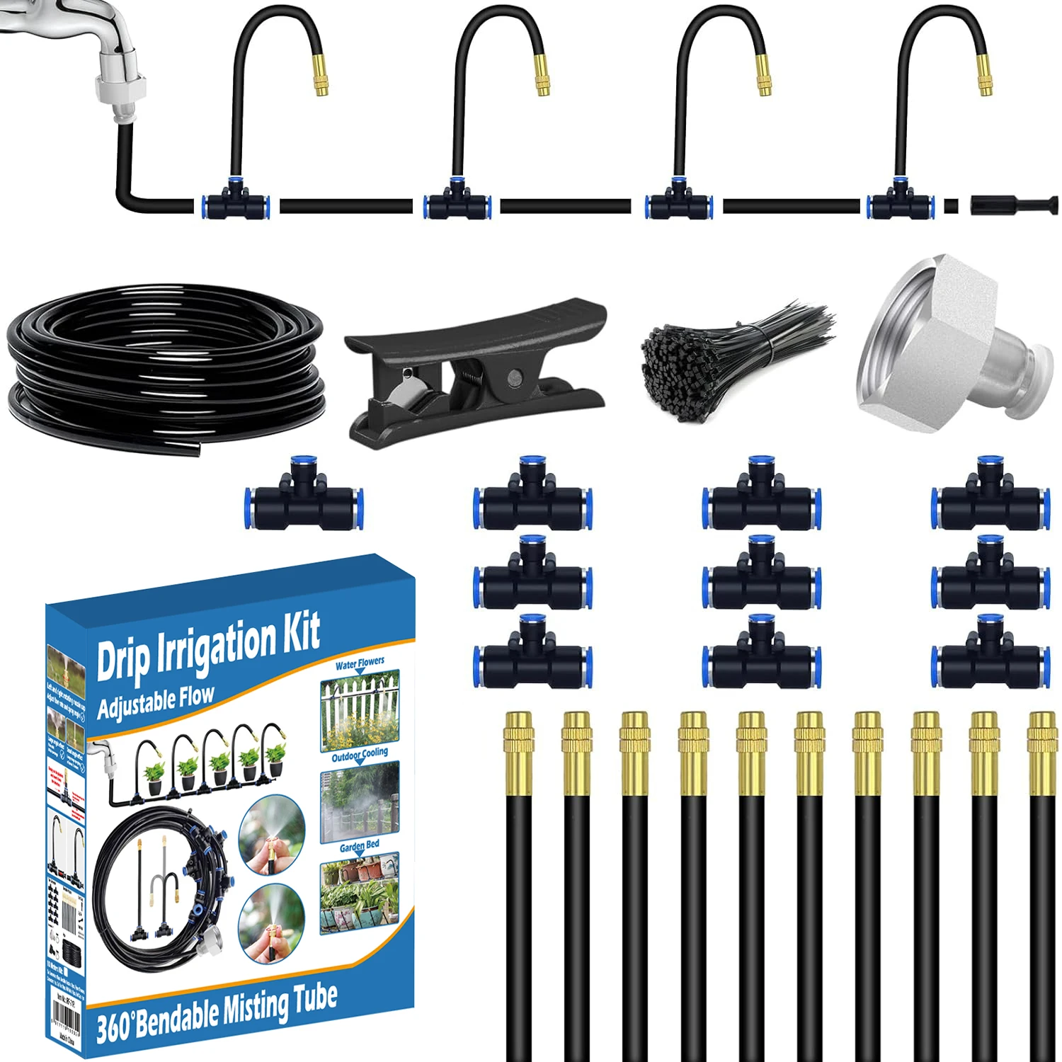 10 Meters Bendable Drip Irrigation Kit 360 Adjustable Automatic Watering System 15 Upgraded T-Joints 10 Misting Nozzles