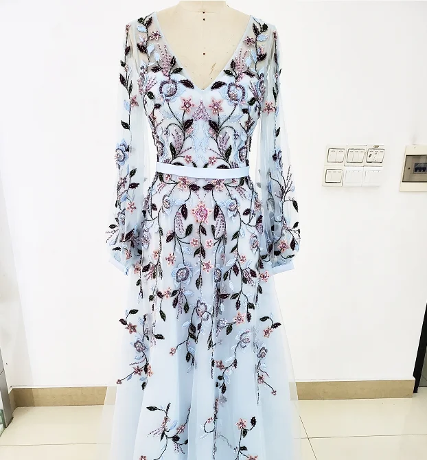 A Line Long Sleeve Different Colors Hand Made Beaded Elegant Dubai 3D Flower Evening Dress