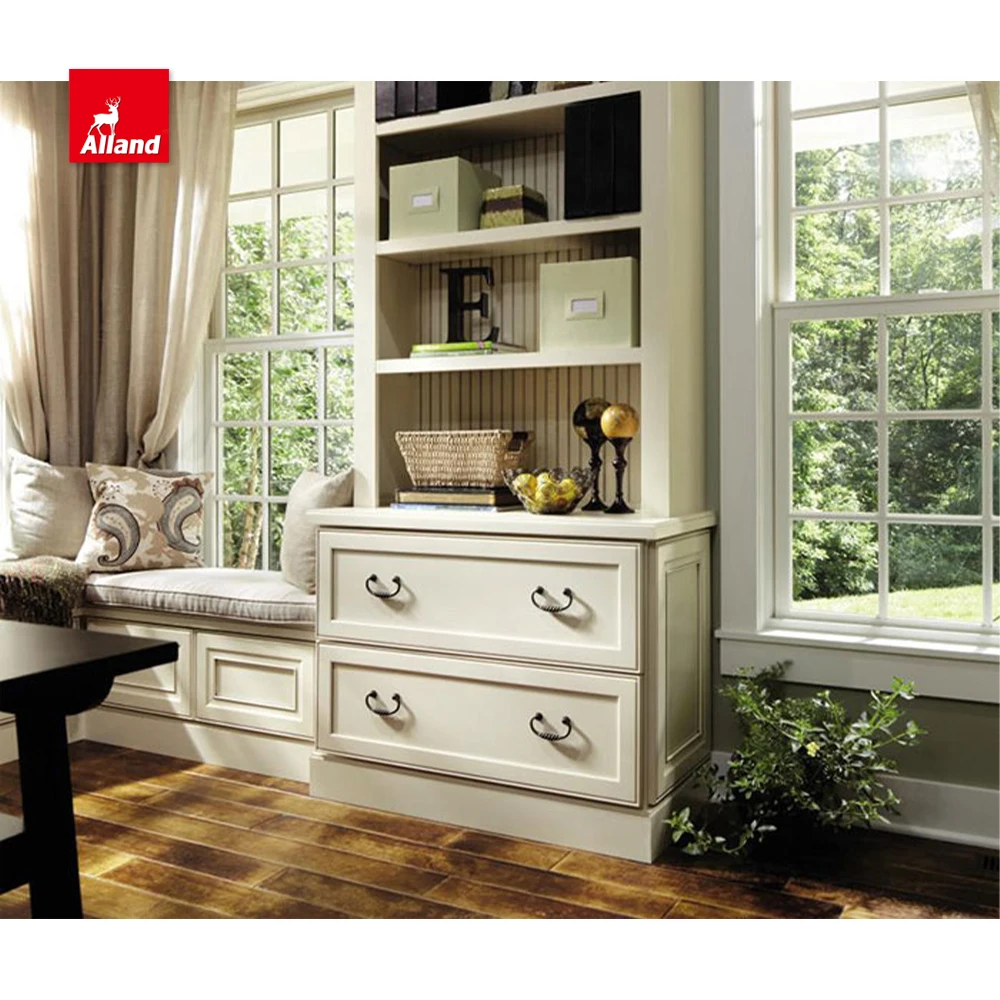 AllandCabinet Good Price Custom White Painting Nature Wood Office Furniture Cabinets with Recessed Beaded Panel Open Shelves