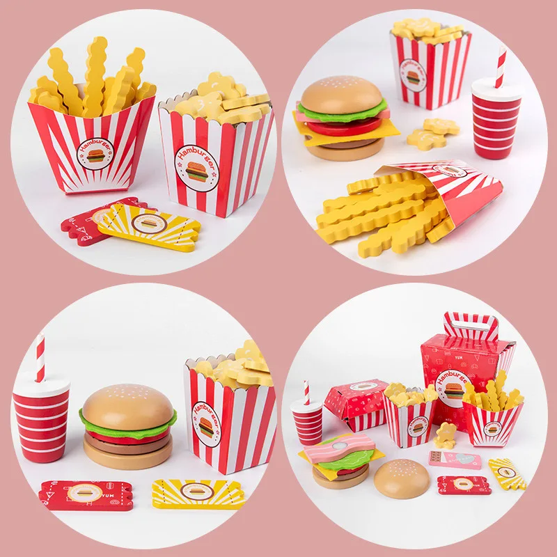 Children simulate wooden fast food Burger and fries set Educational toys for children Artificial food toy