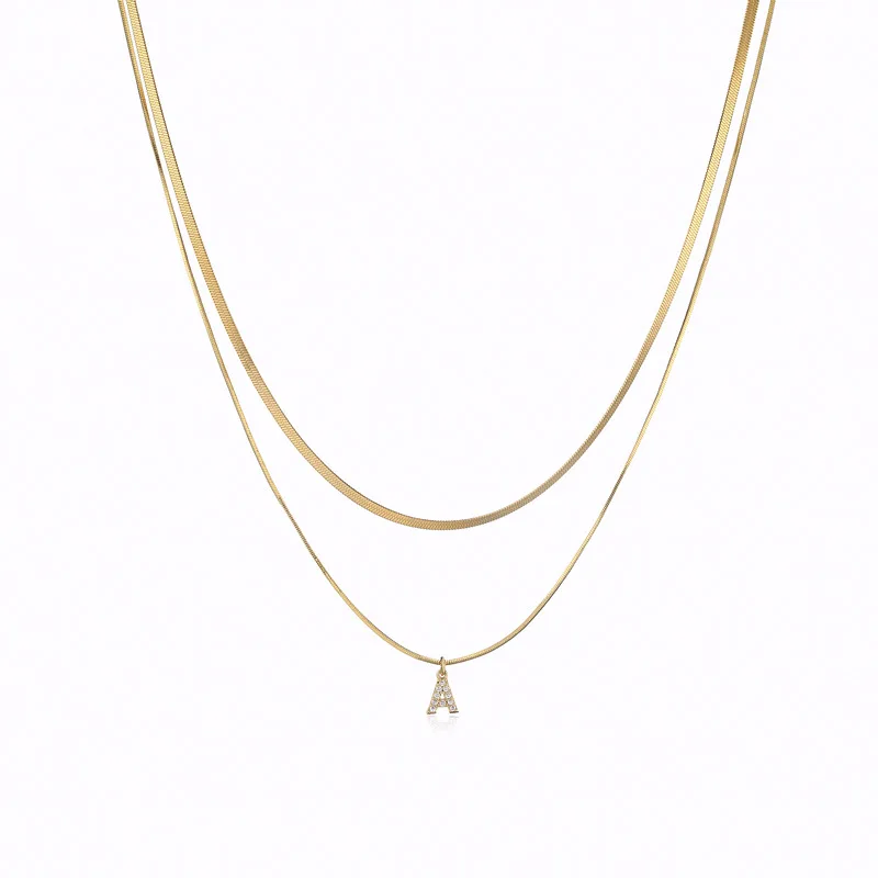 NEWEST stainless steel snake chain women necklace zircon 26 initial letter pendant necklace wholesale for girls