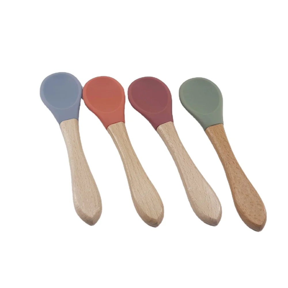 4 colors in stock Hot selling EN71 CPC Food grade silicone BPA Free flexible silicone bewborn baby wooden small spoons fork