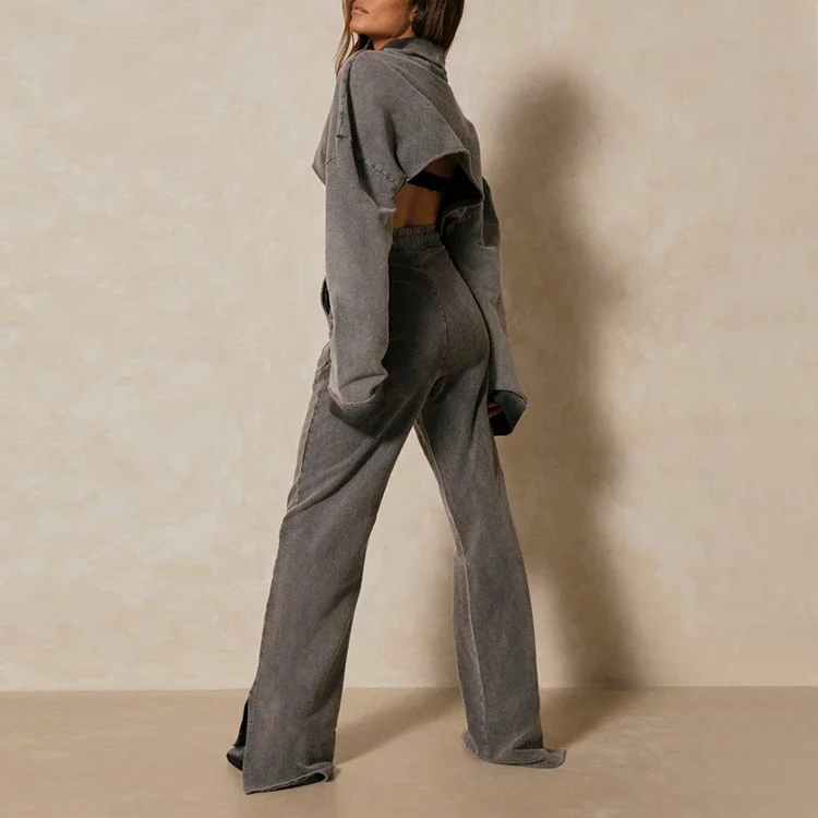 Custom Print Sweatsuits Acid Wash Flare Stacked  Set Two Piece Cut And Sew Cropped Hoodies Set Women Sweat Suits